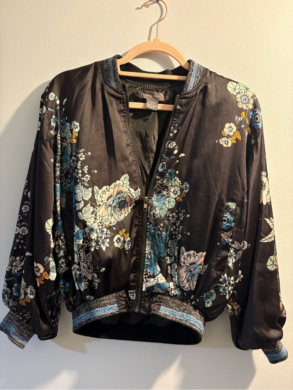 Sans Souci Black Floral Satin Bomber Jacket